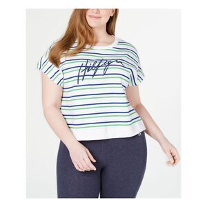 NWT TOMMY HILFIGER Womens Green Striped Cap Sleeve Crew Neck Top Plus Size: 2X